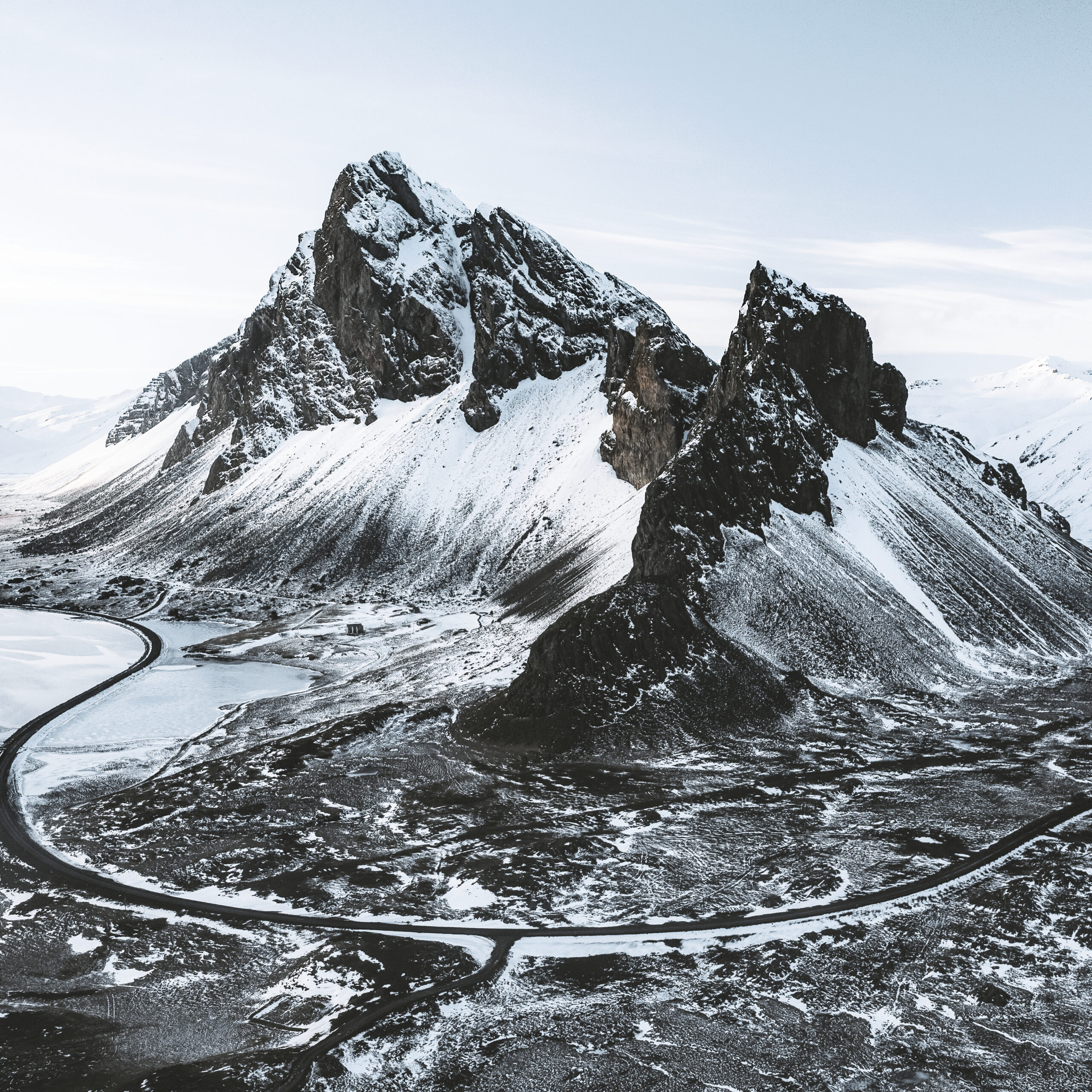 Drone view of a snow covered Eystrahorn mountain in Iceland